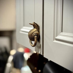 May include: A metallic gold-toned cabinet knob shaped like a snail with a circular ring pull attached to the shell. The snail figure is mounted onto a light gray cabinet door, featuring a textured, weathered finish with dark highlights.