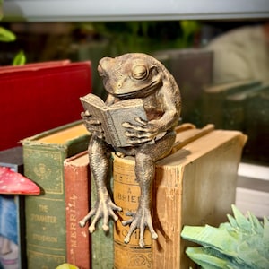 Peut inclure: Une figurine de grenouille couleur bronze avec une finition de peau texturée, représentée en position assise tout en tenant et en lisant un livre ouvert. La grenouille est perchée sur une pile de livres reliés anciens aux dos visibles.