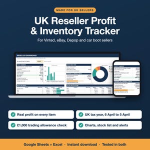 Könnte beinhalten: Ein digitaler Gewinn- und Inventar-Tracker für britische Wiederverkäufer auf Vinted, eBay und Depop. Das Dashboard zeigt Gewinnübersichten, Lagerbestände und Handelsfreibeträge auf einem Laptop- und Smartphone-Bildschirm an.