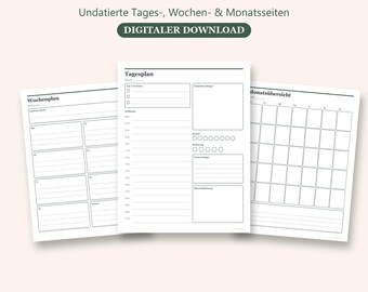May include: A digital ADHD planner template featuring three white pages with black text. The pages include a weekly plan, a daily plan with a schedule and habit trackers, and a monthly overview. The text reads ADHS PLANER, Undatierte Tages-, Wochen- & Monatsseiten, DIGITALER DOWNLOAD, and Sofort-Download A4 + A5 + US Letter PDF Kein Versand.