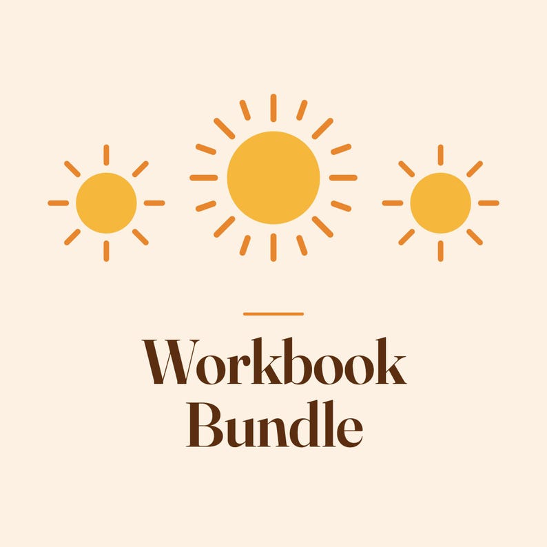 May include: A graphic design featuring three yellow sun icons with radiating lines arranged in a horizontal row. Below the suns, the text Workbook Bundle is printed in a dark brown serif font on a light cream-coloured background.