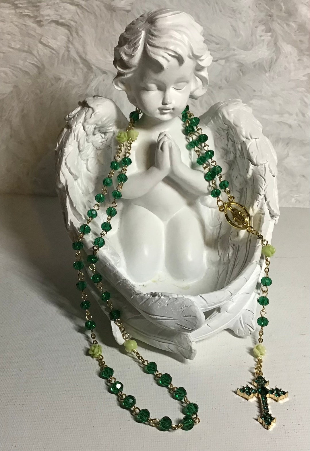 Beautiful Emerald Green Crystal and Shell Roses Rosary - Etsy