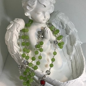 Stunning Olive Green Jade Bead Rosary With Gorgeous Unique Inset Stone Silver Cross
