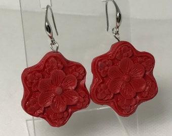 Extravagant Floral Carved Genuine Cinnabar Earrings