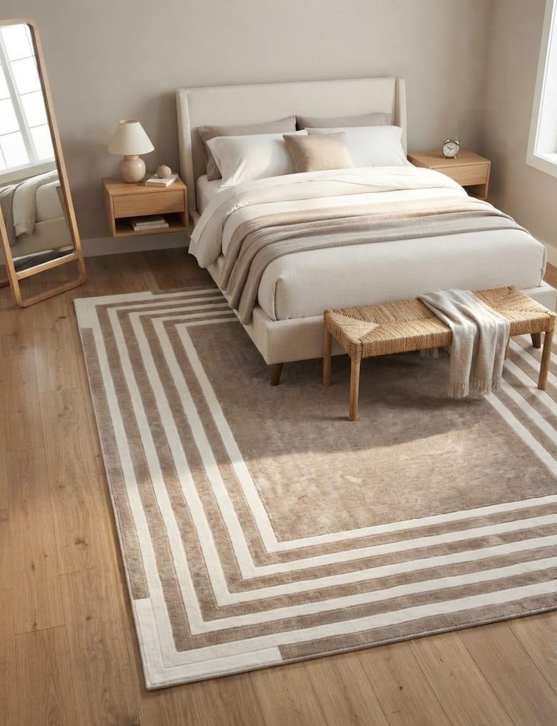Handtufted Beige Ivory Area Rug,modern Geometric Border Rug,neutral ...