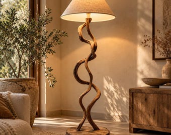 Lámpara de pie rústica de madera flotante, lámpara de rama de madera hecha a mano, pantalla de lino natural, iluminación de pie estilo bohemio, decoración moderna y orgánica para sala de estar.