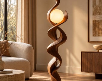 Lampada da terra scultorea in legno, lampada da terra a forma di cigno, illuminazione moderna in noce, lampada da terra a spirale unica, elemento d'arredo di grande impatto per il soggiorno.