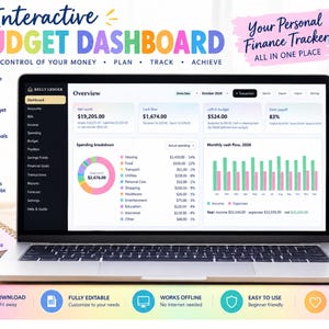 Pode incluir: Um computador portátil exibindo um painel de orçamento interativo com dados financeiros, gráficos e diagramas. A tela mostra o patrimônio líquido, fluxo de caixa e detalhamento de despesas. O texto inclui Interactive Budget Dashboard e Better Money Brighter Future.
