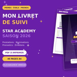 May include: A purple printable tracking booklet for Star Academy Season 2026. The cover features a yellow star, a microphone icon, and the text Mon Livret de Suivi. The set includes 40 A4 pages for tracking performances, nominations, and predictions.