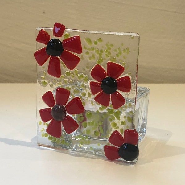 Poppies - Handmade Fused Glass T-Light Holder - Thank you/Birthday/Wedding/Friendship gift - Handmade in SUFFOLK