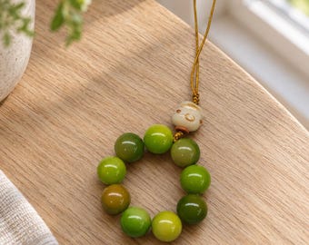 Pendentif perle Bodhi verte, perle ronde brillante avec cordon tressé décoratif, pour sac, voiture ou accessoire spirituel