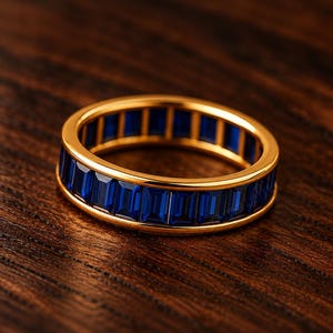 Baguette Blue Sapphire Eternity Band, Full Eternity Sapphire Gemstone Wedding Band, Solid Gold Silver Stacking Ring, September Birthstone