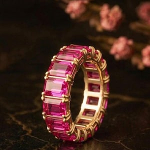 Baguette Ruby Wedding Band, 14K Gold Emerald Cut Stackable Ring, Pink July Birthstone