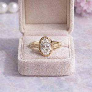 Antique Milgrain Bezel Set Oval Moissanite Engagement Ring, 14K Yellow Gold Art Deco Band
