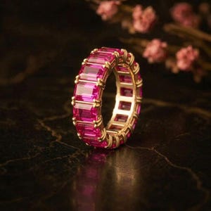 Baguette Ruby Wedding Band, 14K Gold Emerald Cut Stackable Ring, Pink July Birthstone