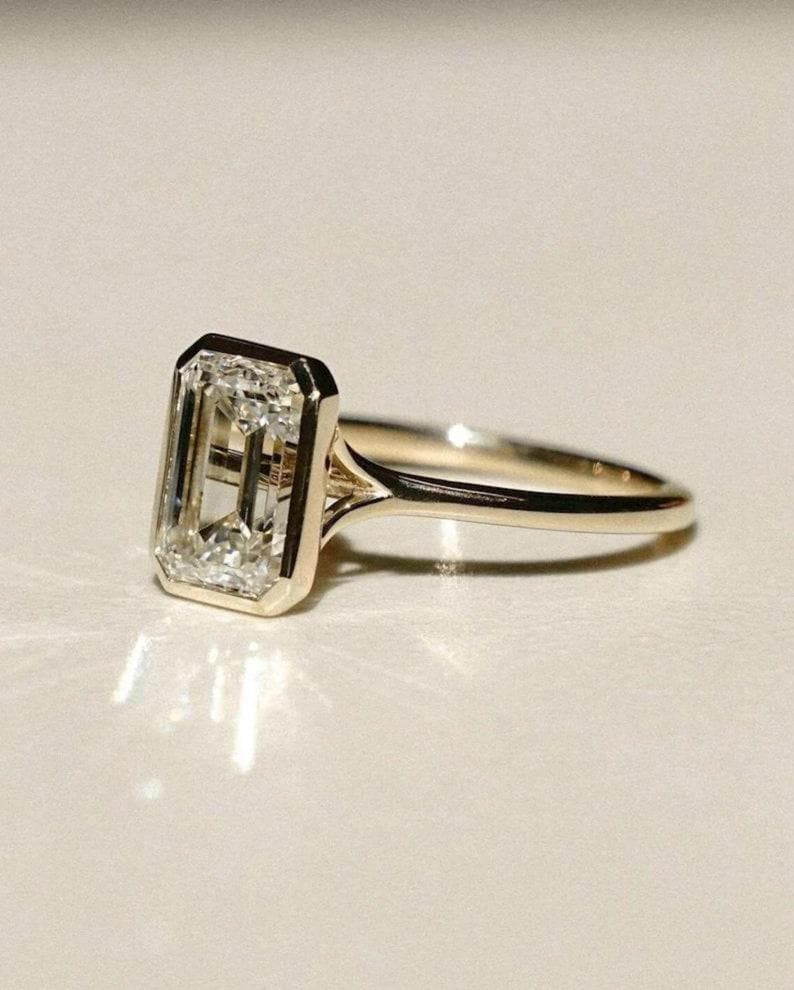 3 CT Emerald Cut Moissanite Engagement Ring 14K Gold Ring Bezel Set ...
