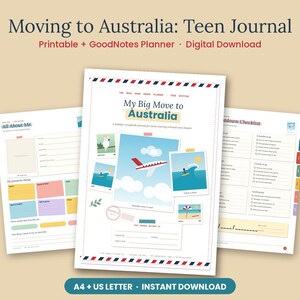 May include: A digital journal titled Moving to Australia: Teen Journal with printable and GoodNotes planner pages. The cover features an airplane, ocean waves, and a beach scene with the text My Big Move to Australia and A4 + US Letter.
