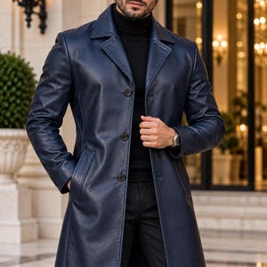 Cappotto lungo da uomo blu navy in vera pelle, soprabito in vera pelle, trench con bottoni frontali, capospalla invernale, giacca in pelle classica, idea regalo