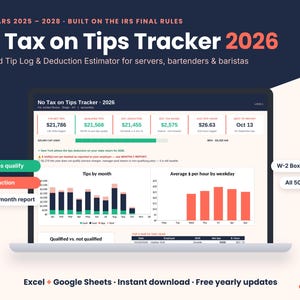 May include: A digital No Tax on Tips Tracker 2026 spreadsheet displayed on a laptop screen. The interface features data visualizations including bar charts for monthly tips and hourly averages, plus financial summary boxes for tax deductions.