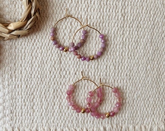 Boho Beaded Hoops Earrings || Stainless Steel || Strawberry Quartz Phosphiderite || Purple Pink || Gemstones || Waterproof Sensitive Ear