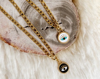 Sacred Eye Figaro Chain Necklace || Gold Stainless Steel || Layering || Chunky || Waterproof Tarnishproof || Boho || Evil Eye