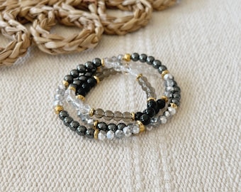 Hecate Gemstone Bracelet || Obsidian Smoky Quartz Hematite || Black Clear Brown || Healing Crystals || Zen Gems || Mala Beads Energy Yoga