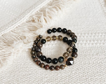 Wisdom + Empowerment Double Wrap Mala Bracelet || Obsidian Smoky Quartz Bronzite || Black Brown || Semi Custom