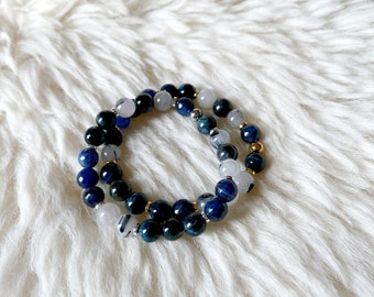 Samadhi Bracelet || Sodalite Hawks Eye Tourmaline Quartz || Navy Blue Black || Crystals || Zen Gems || Bracelet Mala Beads Energy Heart