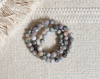 Introspection Bracelet || Lilac Map Jasper Bamboo Agate  || Purple Grey Beige White || Matte || Crystals || Zen Gems || Mala Beads Energy