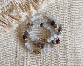 Selene Gemstone Bracelet || Selenite Botswana Agate || White Brown Peach || Healing Crystals || Zen Gems || Mala Beads Energy Yoga