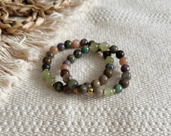 Pachamama Goddess Bracelet || Sunstone Prehnite Pilbara Jasper || Brown Green Peach || Healing Crystals Gemstone || Zen Gems || Yoga Mala