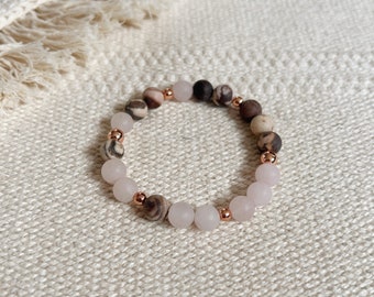 Uplift Bracelet || Rose Quartz Zebra Jasper  || Rose Gold || Pink Brown Beige || Healing Crystals || Zen Gems || Mala Beads Energy