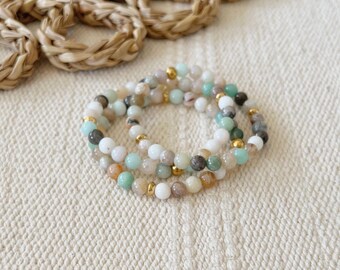 Sedna Gemstone Bracelet || Amazonite Jade Bamboo Agate || Teal Green White Beige || Healing Crystals || Zen Gems || Mala Beads Energy Yoga