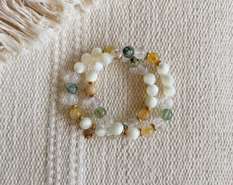 Solara Gemstone Bracelet || Golden Rutile Quartz Shell Prehnite || White Yellow Green || Healing Crystals || Zen Gems || Mala Beads Yoga