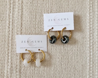 Sutra II Hoop + Gem Earrings || Quartz Hematite || Boho || Dangle Minimalist || Waterproof Sensitive Ears