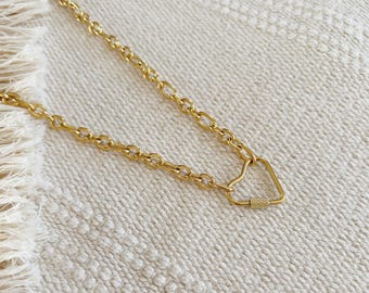 Heart Center Necklace || Gold Stainless Steel || Caribiner || Chunky O Chain || Tarnish Proof Waterproof || Boho Whimsical