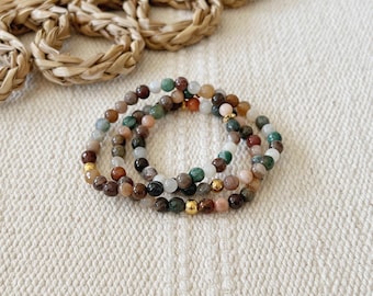 Gaia Gemstone Bracelet || Moonstone Petrified Wood Agate  || Green Brown Peach || Healing Crystals || Zen Gems || Mala Beads Energy Yoga