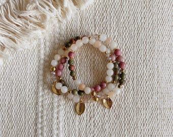 Sanctuary Gemstone Bracelet || Rhodonite Unakite Aventurine || Pink Peach Green || Healing Crystals || Zen Gems || Mala Beads Energy Yoga