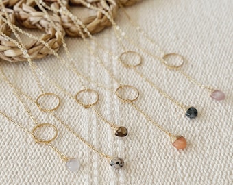 Circle of Grace Gold Lariat Necklace || Sunstone Crystal Rose Quartz Smoky Larvikite || Stainless Steel || Layering Waterproof Tarnishproof
