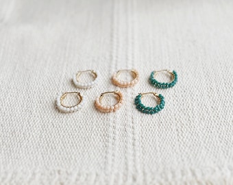 Shanti Crystal Cluster Hoop Earrings || Gold Stainless Steel || Peach White Teal || Boho Minimalist || Waterproof Sensitive Ears