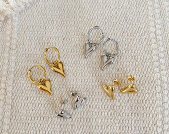 Heartfull Earrings || Gold Silver Stainless Puffy Heart || Boho || Hoops Studs || Waterproof Sensitive Ears
