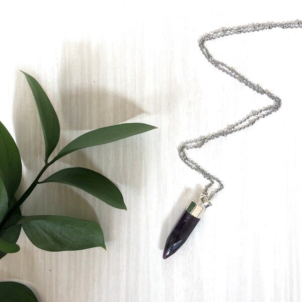 FACETED Point Necklace Silver Amethyst Green Aventurine Healing Crystal Jewelry Boho Style Energy Meditation Spirituality