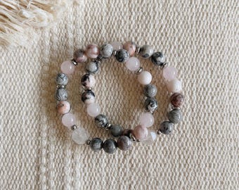 Rosaterra Gemstone Bracelet || Rose Quartz Zebra Map Jasper || Pink Grey || Healing Crystals || Zen Gems || Mala Beads Energy Yoga