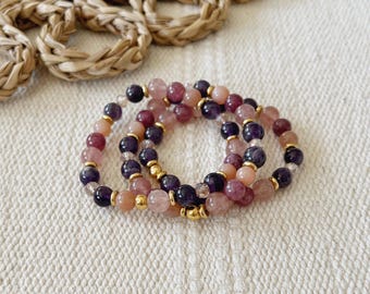 Aphrodite Gemstone Bracelet || Sunstone Amethyst Lepidolite || Purple Red Pink  || Healing Crystals || Zen Gems || Mala Beads Energy Yoga