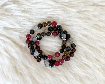 Kundalini Bracelet || Garnet Tourmaline Smoky Quartz || Red Brown Clear Black || Healing Crystals || Zen Gems || Bracelet Mala Beads Energy
