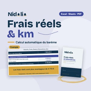 Könnte beinhalten: Eine digitale Dokumentvorlage mit dem Titel Nidoli Frais réels & km, kompatibel mit Excel, Sheets und PDF. Sie enthält ein Tabellenbeispiel zur Berechnung von tatsächlichen Kosten und Kilometern mit einer Vergleichstabelle und Zusammenfassung.
