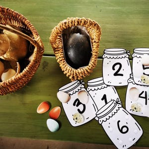 Montessori Printable farm birds flash cards and activities. Printable PDF for kids. + counting jars with eggs.