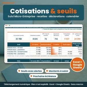 May include: A digital spreadsheet template for micro-enterprise tracking titled Cotisations & seuils. The interface displays columns for social contributions, revenue, and thresholds with orange and blue headers. Includes Excel and Google Sheets labels.