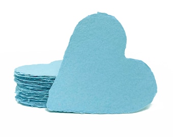 3 Inch sky blue hearts, handmade paper, deckle edge, recycled