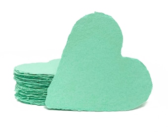 3 Inch green hearts, handmade paper, deckle edge, recycled
